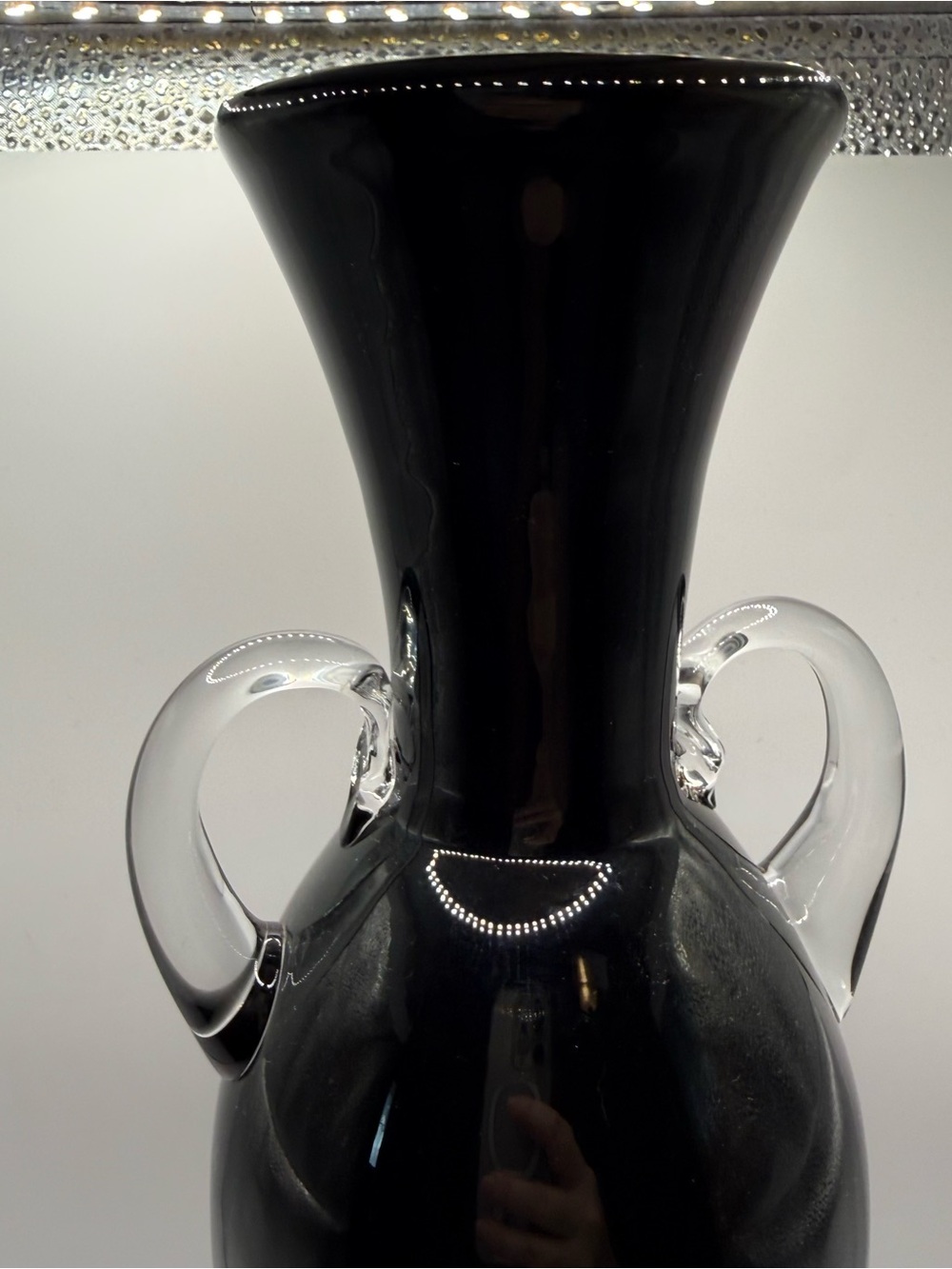 Blenko Urn Black Handblown Glass Vase with Clear Handles - Picture 9 of 16